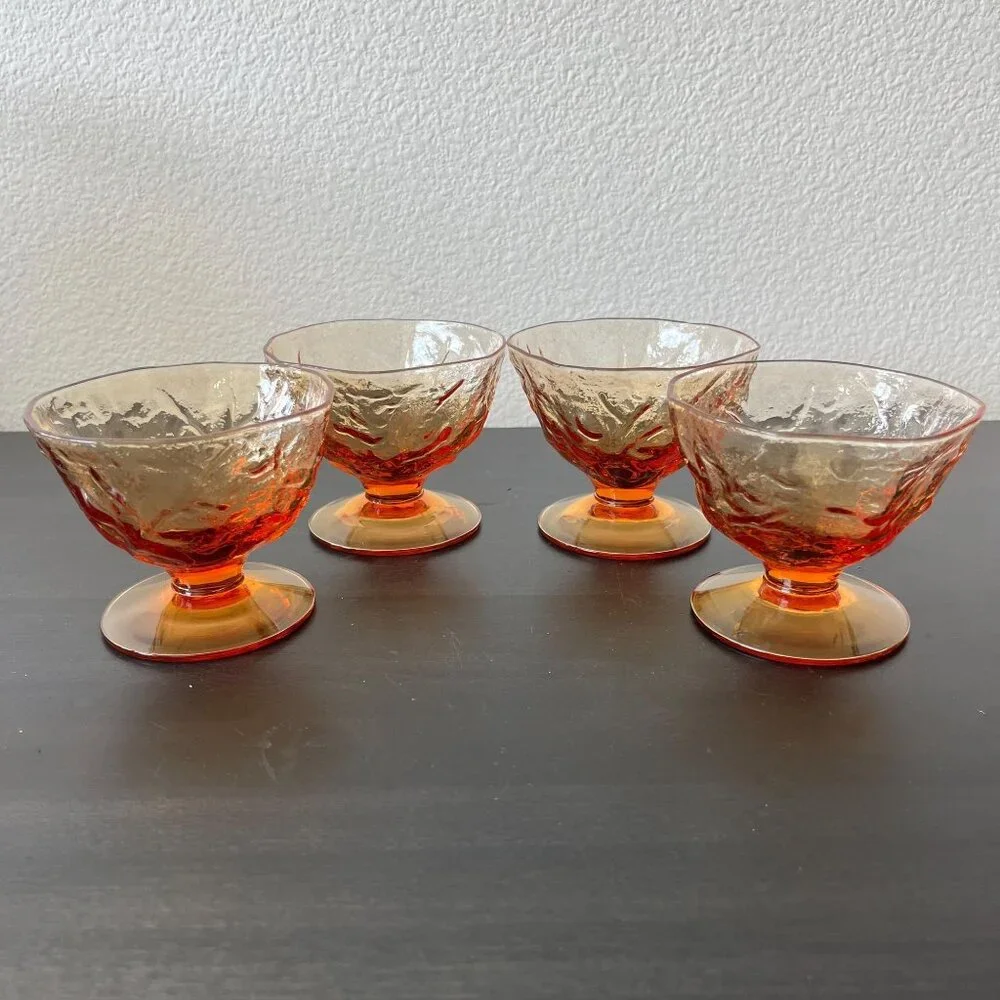 Seneca Glass Driftwood Amber Dessert Bowls // Set of 4 // Crinkle Glass Pedestal